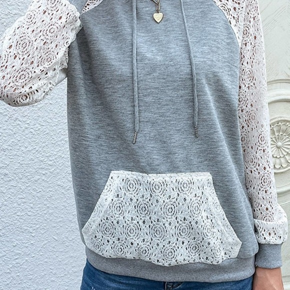 Lace Raglan Sleeve Drawstring Hoodie - Picture 5 of 7